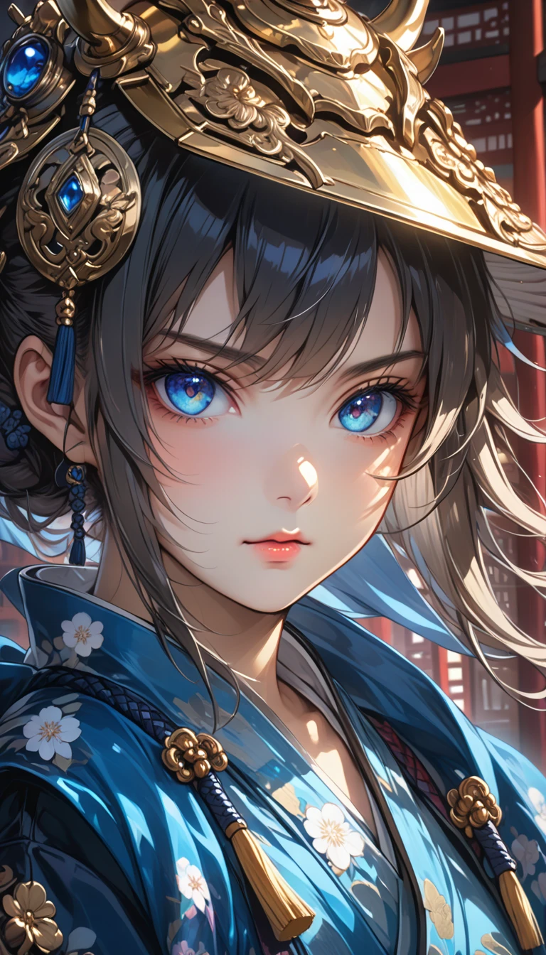  cute young woman,武士のclose-up, reflective  opaque  sarong, Samurai armor, Sword scar on left eye,, intricでe detail, cinemでic lighting, great quality, amazing shadows, detailed Illustrでion, Official Artwork, wallpaper, Official Art, highly detailed eyes and face spreading your hands to the side, beautiful detailed eyes, blue eyes,  gaze focus, ((masterpiece, top quality)), close-up
