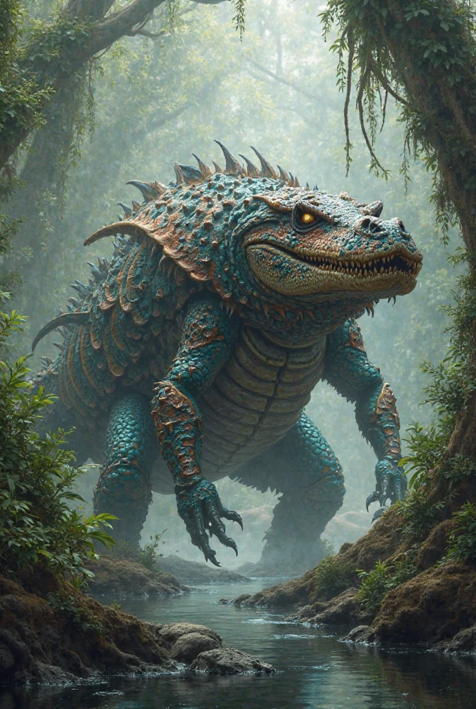 male, crocodile, (by taran fiddler), solo, masterpiece, best art, detailed hands, detailed eyes, detailed torso, orgasm face, panting, half lidded eyes, cross-eyed, night, muscular, concept art, all fours, genital slit, crocodile penis, tapered penis, thick tail, large penis knot, sweaty