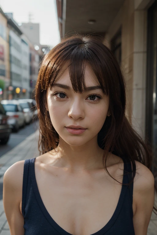 ((Flat Chest:1.5)), ((flat chest:1.5)), ((flat chest:1.5)), ((flat chest:1.5)), ((Skinny:1.5)), ((small breast:1.5)), (View your viewers:1.5), (Looking into the camera:1.5), Japanese, Short women,  Physical build, Short arms, ((Long, narrow eyes)), Fleeting atmosphere, 38 years old, (beautiful straight light brown medium hair:1.5), bangs, ((Thin lips)), ((In the city of Ginza)), ((No exposed skin at all, A calm, collared dress)), Masterpiece, Highest quality, Detailed skin, Detailed face, Fine grain, 8K, Excellent anatomy, Portrait, (Dynamic pose:1.5), A very small mole on the left cheek,