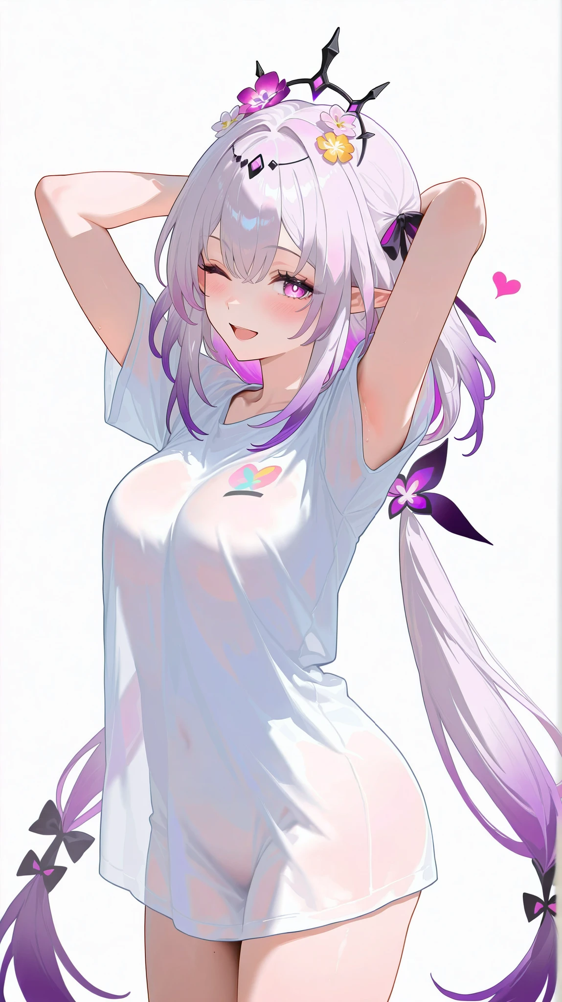 masterpiece, top quality, best quality, official art, beautiful and aesthetic:1.2),(8k, best quality, masterpiece:1.2), (((masterpiece))),(((best quality))),(((extremely detailed))), illustration, who, (masterpiece, top quality, best quality, official art, beautiful and aesthetic:1.2),(8k, best quality, masterpiece:1.2), castorice_(honkai:_star_rail), 1girl, solo, one eye closed, shirt, long hair, white background, open mouth, white shirt, multicolored hair, virtual youtuber, looking at viewer, simple background, bow, gradient hair, arms up, purple hair, arms behind head, hair bow, breasts, hair ornament, short sleeves, smile, heart, cowboy shot, pink hair, flower, very long hair, hair flower, twintails, pink eyes, white hair, medium breasts, pointy ears, t-shirt, low twintails, purple eyes, blush