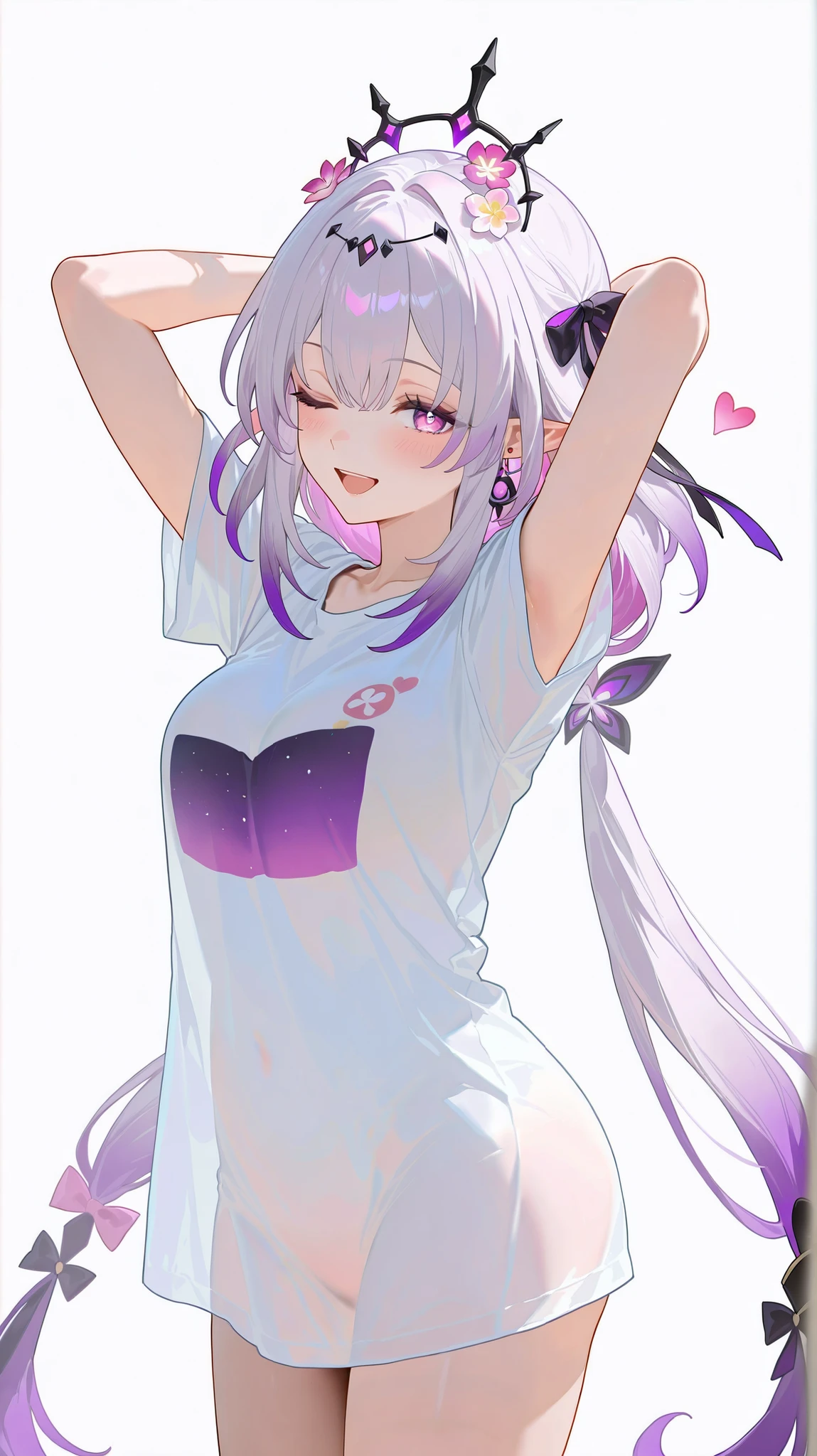 masterpiece, top quality, best quality, official art, beautiful and aesthetic:1.2),(8k, best quality, masterpiece:1.2), (((masterpiece))),(((best quality))),(((extremely detailed))), illustration, who, (masterpiece, top quality, best quality, official art, beautiful and aesthetic:1.2),(8k, best quality, masterpiece:1.2), castorice_(honkai:_star_rail), 1girl, solo, one eye closed, shirt, long hair, white background, open mouth, white shirt, multicolored hair, virtual youtuber, looking at viewer, simple background, bow, gradient hair, arms up, purple hair, arms behind head, hair bow, breasts, hair ornament, short sleeves, smile, heart, cowboy shot, pink hair, flower, very long hair, hair flower, twintails, pink eyes, white hair, medium breasts, pointy ears, t-shirt, low twintails, purple eyes, blush