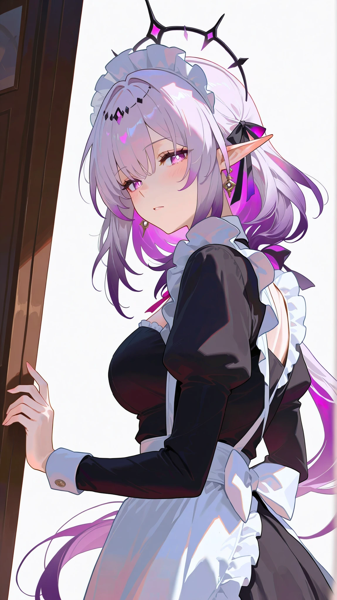masterpiece, top quality, best quality, official art, beautiful and aesthetic:1.2),(8k, best quality, masterpiece:1.2), (((masterpiece))),(((best quality))),(((extremely detailed))), illustration, who, (masterpiece, top quality, best quality, official art, beautiful and aesthetic:1.2),(8k, best quality, masterpiece:1.2), castorice_(honkai:_star_rail), 1girl, maid, solo, long hair, maid headdress, breasts, alternative costume, medium breasts, apron, long sleeves, looking at viewer, maid apron, blush, enmaided, dress, simple background, upper body, very long hair, white background, white apron, black dress