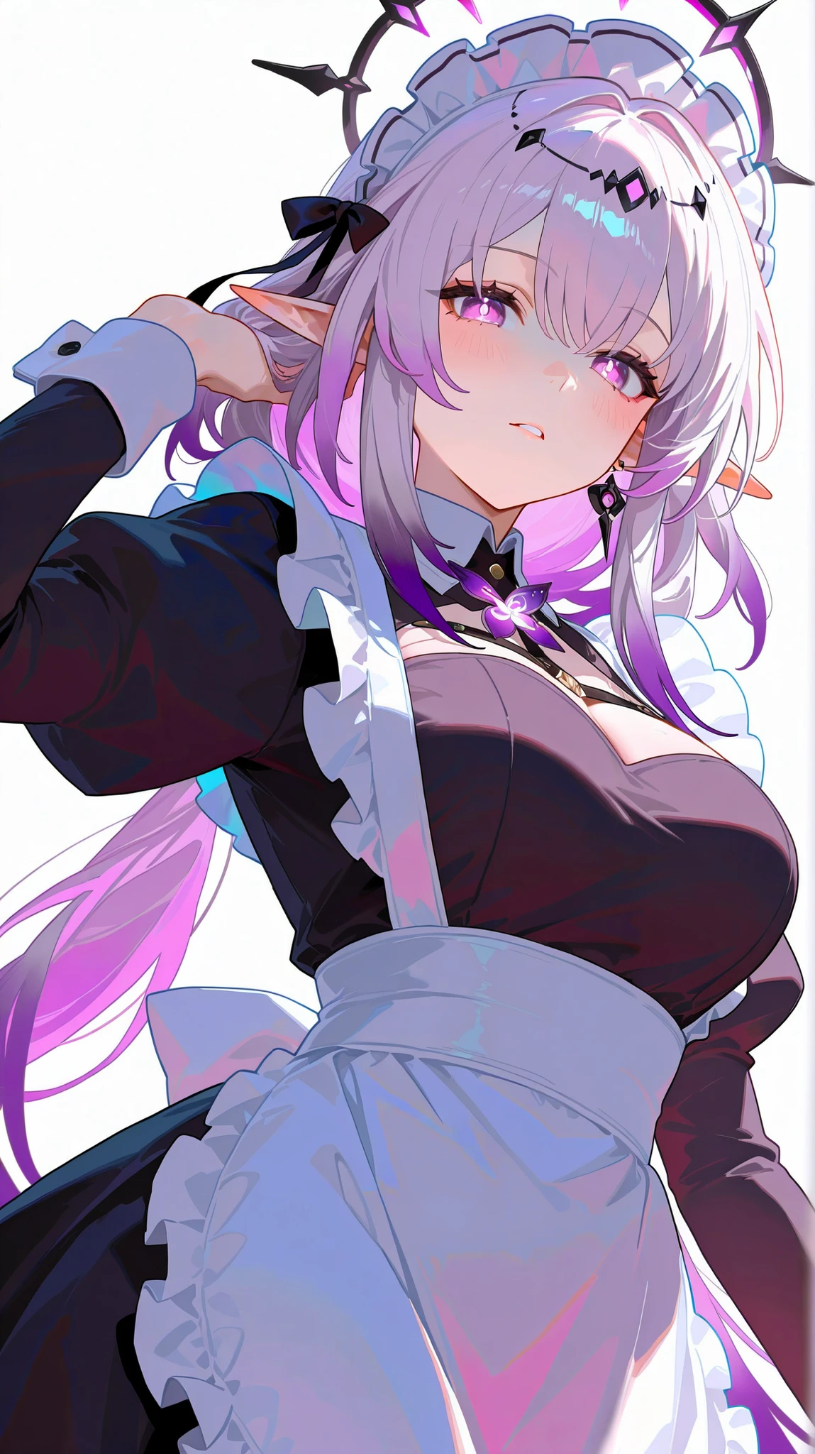 masterpiece, top quality, best quality, official art, beautiful and aesthetic:1.2),(8k, best quality, masterpiece:1.2), (((masterpiece))),(((best quality))),(((extremely detailed))), illustration, who, (masterpiece, top quality, best quality, official art, beautiful and aesthetic:1.2),(8k, best quality, masterpiece:1.2), castorice_(honkai:_star_rail), 1girl, maid, solo, long hair, maid headdress, breasts, alternative costume, medium breasts, apron, long sleeves, looking at viewer, maid apron, blush, enmaided, dress, simple background, upper body, very long hair, white background, white apron, black dress