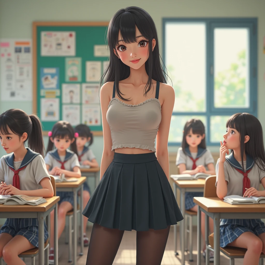young Japanese teacher wearing an A-line miniskirt， black stockings ，cute little strap top，Classroom class，live action style