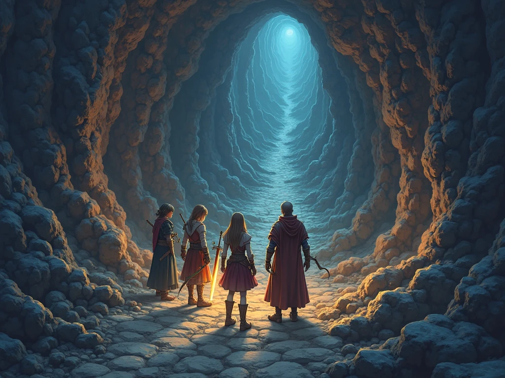 anime fantasy, four adult adventurers at the entrance of a dungeon, adult girl mage with glowing staff, adult girl sword fighter in armor, adult boy ranger with bow, adult boy alchemist with potion belt and cloak, choosing a path, branching tunnels ahead, torchlight, RPG style, high detail