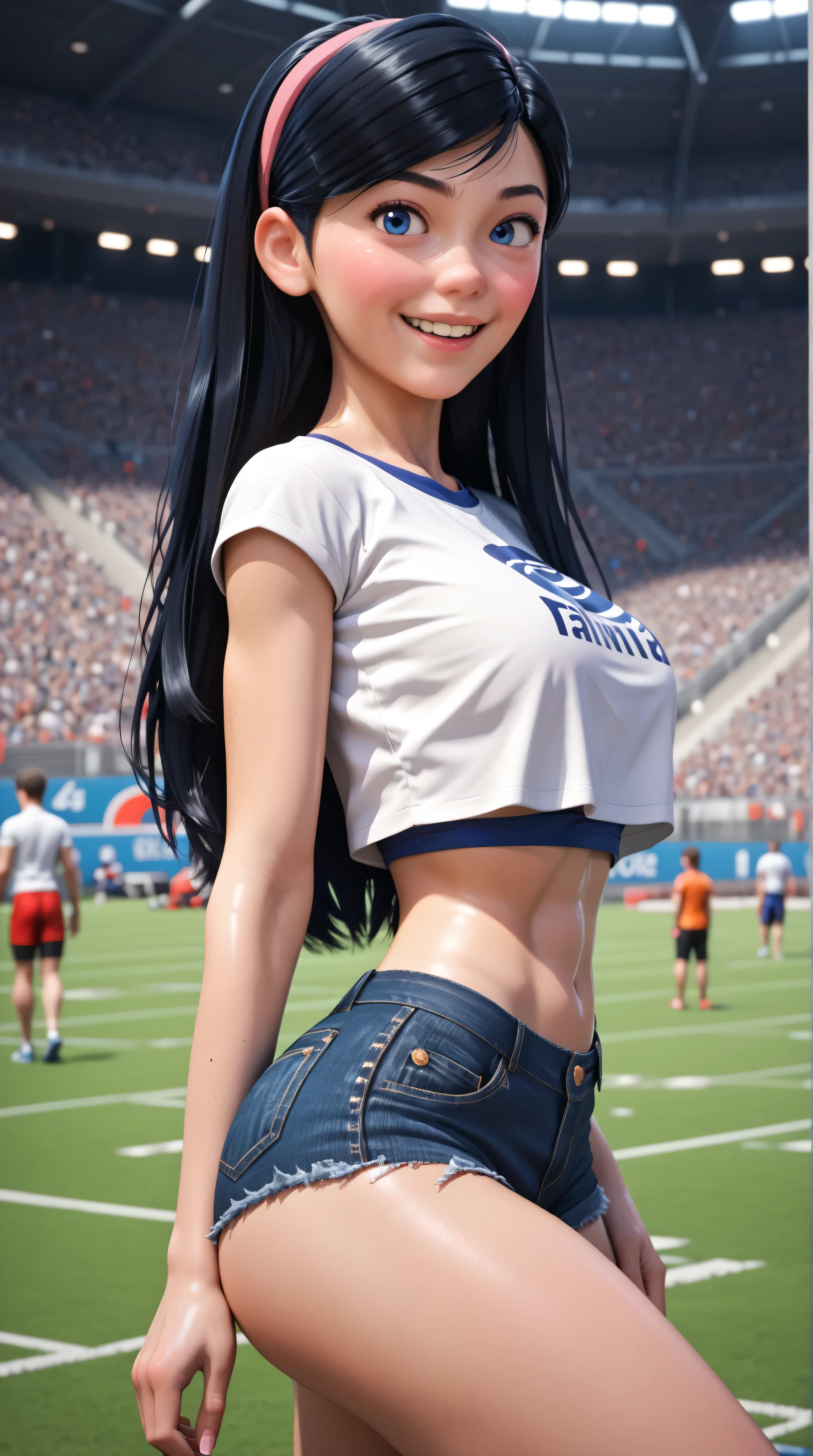 Score_9, Score_8_up, Score_7_up, Score_6_up, Score_5_up, Score_4_up, Source_anime, Tag1, Tag2, Quality_masterpiece, VioletP, girl, long hair, black hair, hairband, blue eyes, 3d, 18 year old, Anatomically correct, Beautiful face, Detailed face, Delicate facial features, Detailed skin, average breasts, huge ass, oily skin, shiny skin, young female Seductive, Elegant, Glamor, smiling, wearing a revealing short plain white crop top, short shorts, high panty, facing viewer, background football stadium, players in the background