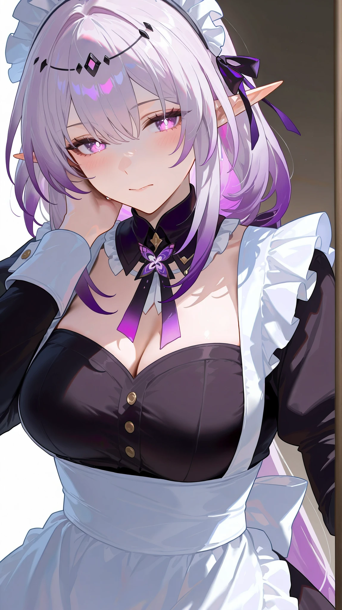 masterpiece, top quality, best quality, official art, beautiful and aesthetic:1.2),(8k, best quality, masterpiece:1.2), (((masterpiece))),(((best quality))),(((extremely detailed))), illustration, who, (masterpiece, top quality, best quality, official art, beautiful and aesthetic:1.2),(8k, best quality, masterpiece:1.2), castorice_(honkai:_star_rail), 1girl, maid, solo, long hair, maid headdress, breasts, alternative costume, medium breasts, apron, long sleeves, looking at viewer, maid apron, blush, enmaided, dress, simple background, upper body, very long hair, white background, white apron, black dress