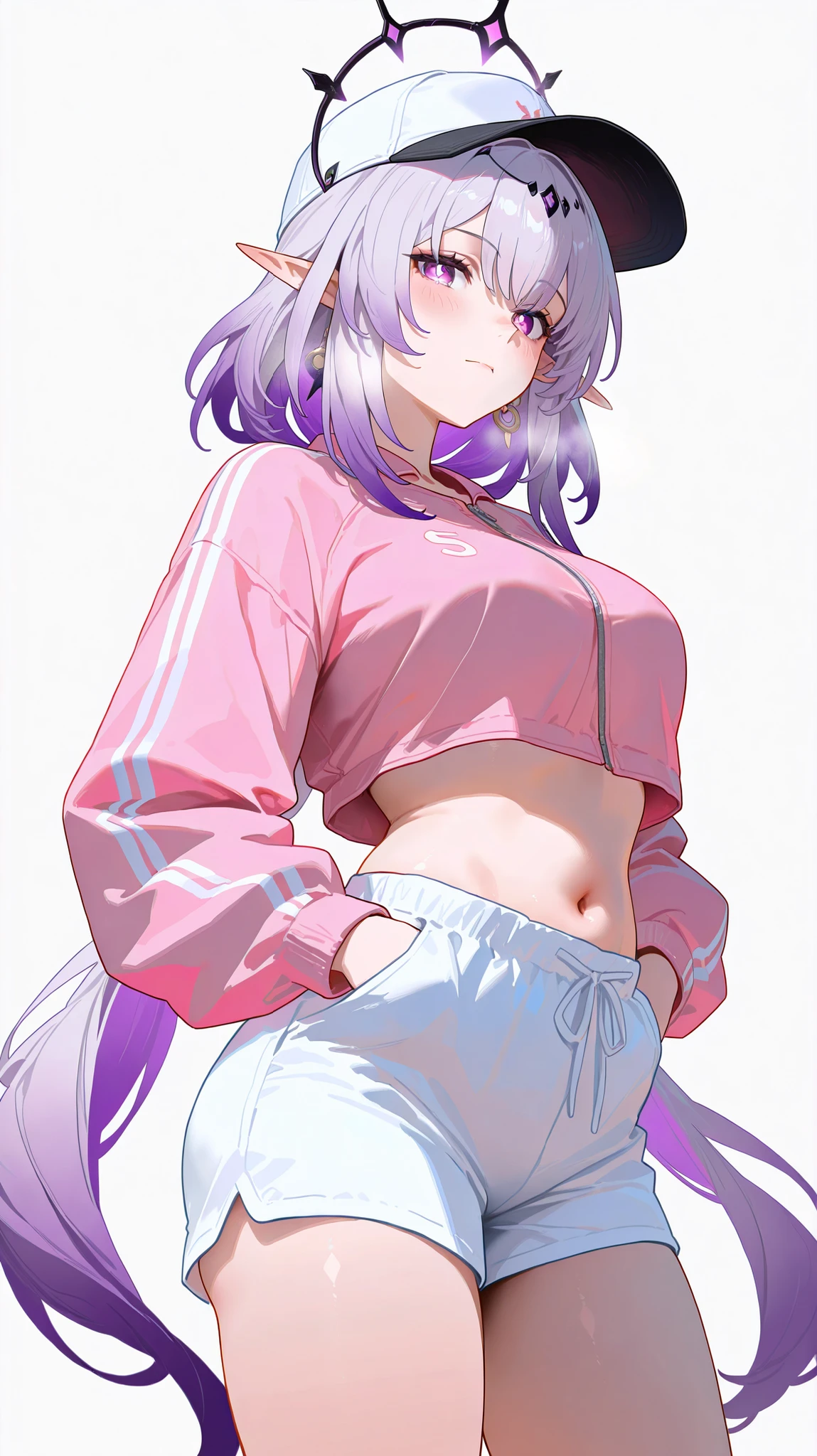 masterpiece, top quality, best quality, official art, beautiful and aesthetic:1.2),(8k, best quality, masterpiece:1.2), (((masterpiece))),(((best quality))),(((extremely detailed))), illustration, who, (masterpiece, top quality, best quality, official art, beautiful and aesthetic:1.2),(8k, best quality, masterpiece:1.2), castorice_(honkai:_star_rail), 1girl, solo, shorts, long hair, crop top, white shorts, hat, jacket, white headdress, navel, exposed clothes, shirt, belly, baseball cap, open jacket, long sleeves, pink jacket, pupils, looking at viewer, pink shirt, very long hair, white background, simple background, shorts, cowboy shot, belly, crop top overhang, hands in pockets, thighs, hands up, alternative costume, closed mouth, medium breasts, rings, sports jacket, standing, blush
