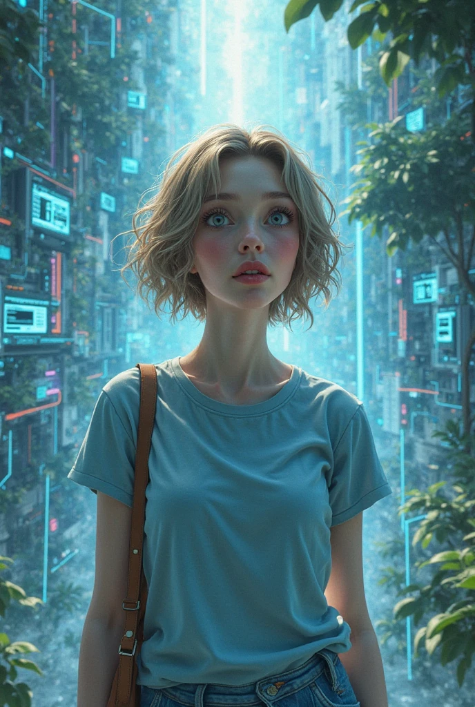 personne (fille cheveux court chatain blond, short blanc, t-shirt bleu clair et sac marron), qui tombe dans un processeur internet relié à l'IA