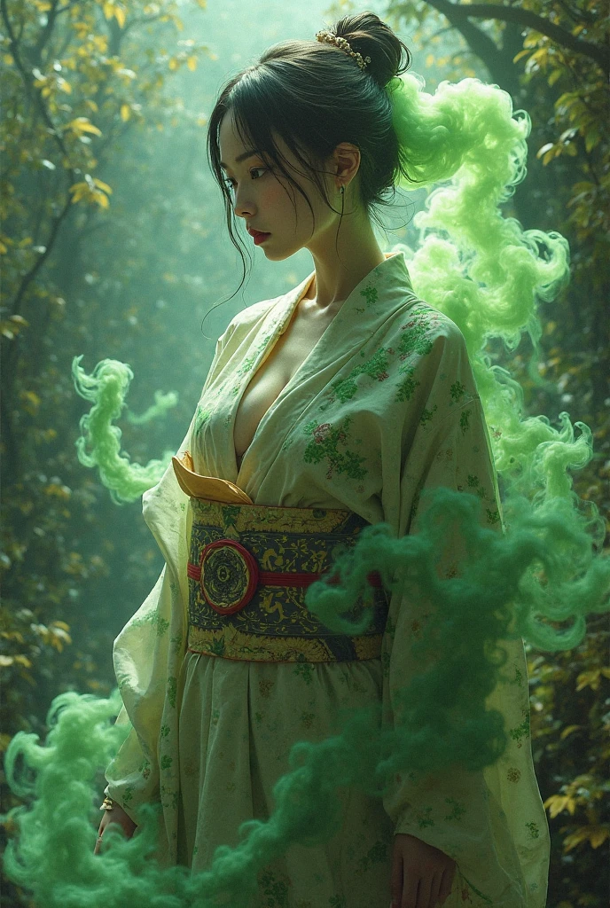 female, Kimono, Japanese, big ass with long eyes, big , Lots of green farts, 