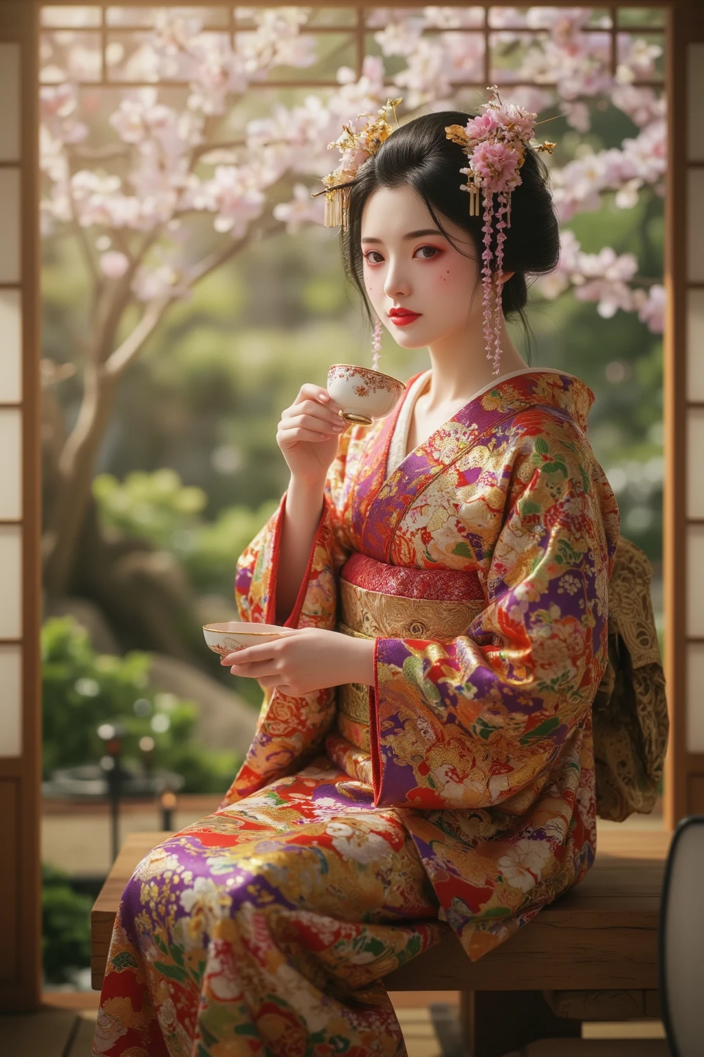 One girl, a girl in a Japanese kimono, very beautiful, warm sunlight, pleasant breeze, sitting upright and drinking tea
