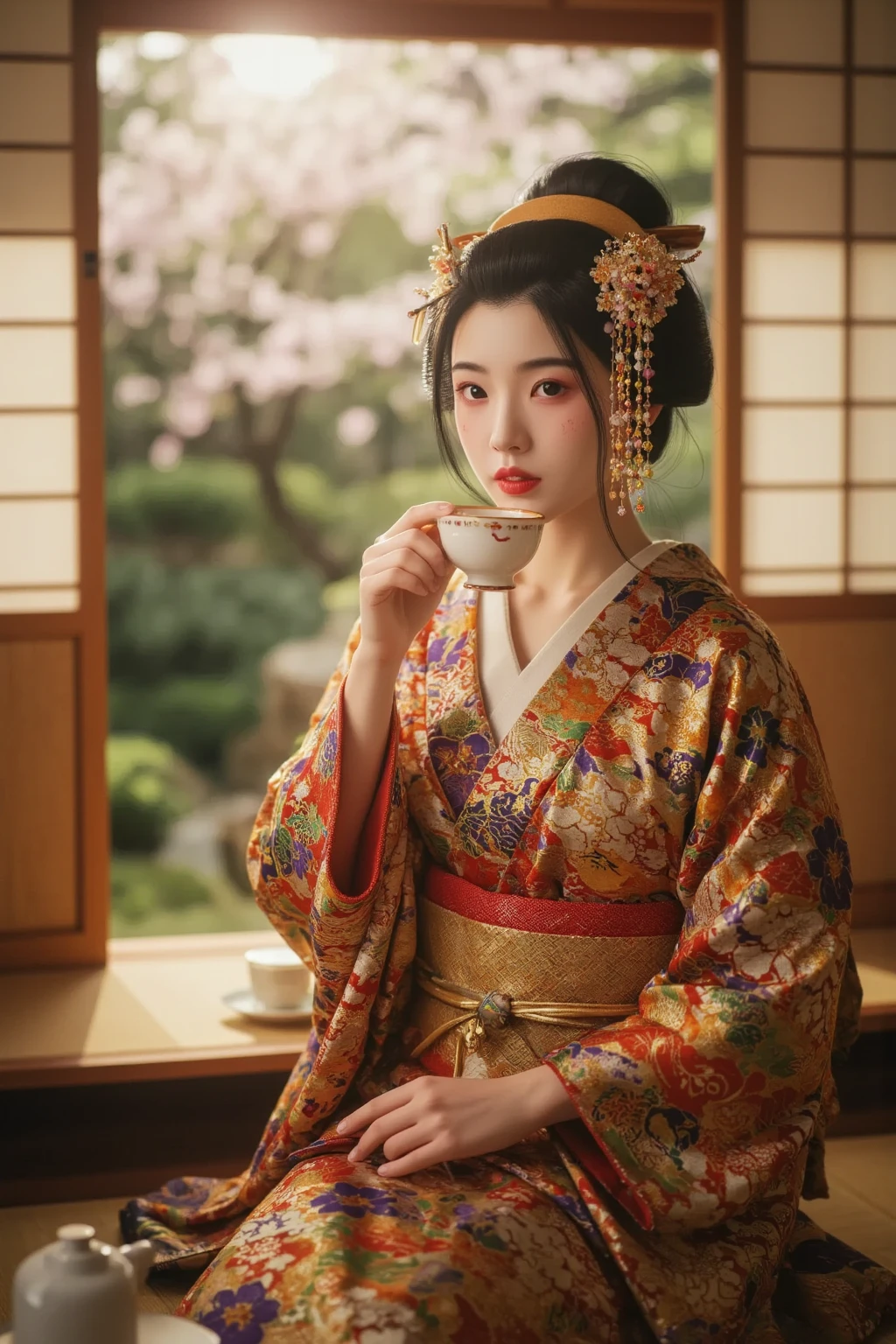 One girl, a girl in a Japanese kimono, very beautiful, warm sunlight, pleasant breeze, sitting upright and drinking tea