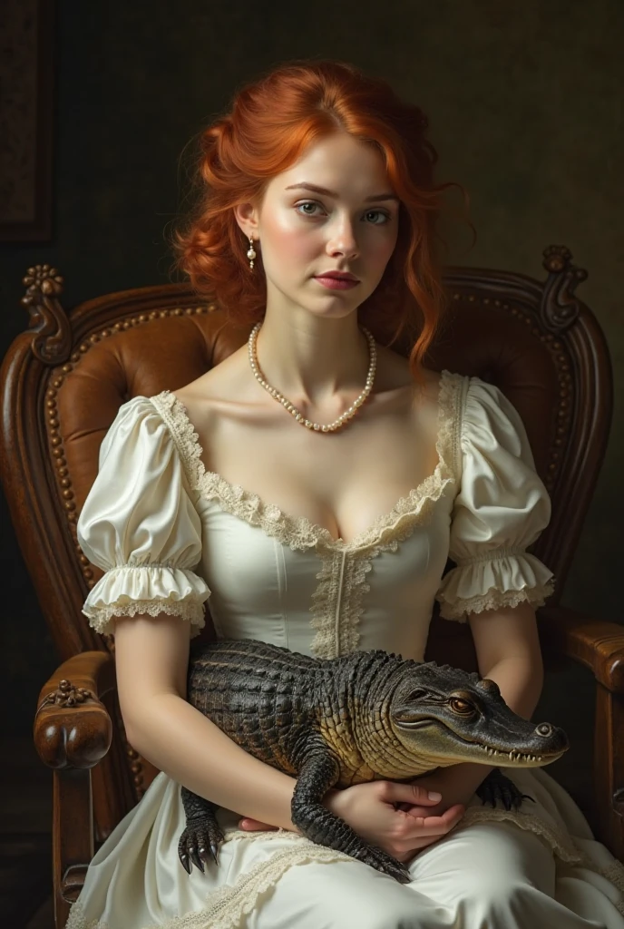 A young woman with flowing red hair styled in a soft, vintage updo sits gracefully in a classic wooden chair with elegant carvings. She wears a white, vintage-style dress made of satin or silk, with puffed sleeves, delicate lace trim, and a cinched waist. A string of pearls adorns her neck and pearl earrings sparkle subtly in the soft, moody lighting.

The background is dark, almost shadowy, giving the image a rich, old-world painterly feel, reminiscent of 18th-century portraiture. Her skin glows softly, highlighted by the gentle light falling from the side.

Cradled in her arms is an alligator — small to medium-sized, its body calm and relaxed. She holds it with surprising tenderness, her expression serene and protective. The contrast between her delicate appearance and the reptile’s rough texture adds an unexpected depth and intrigue to the portrait.

