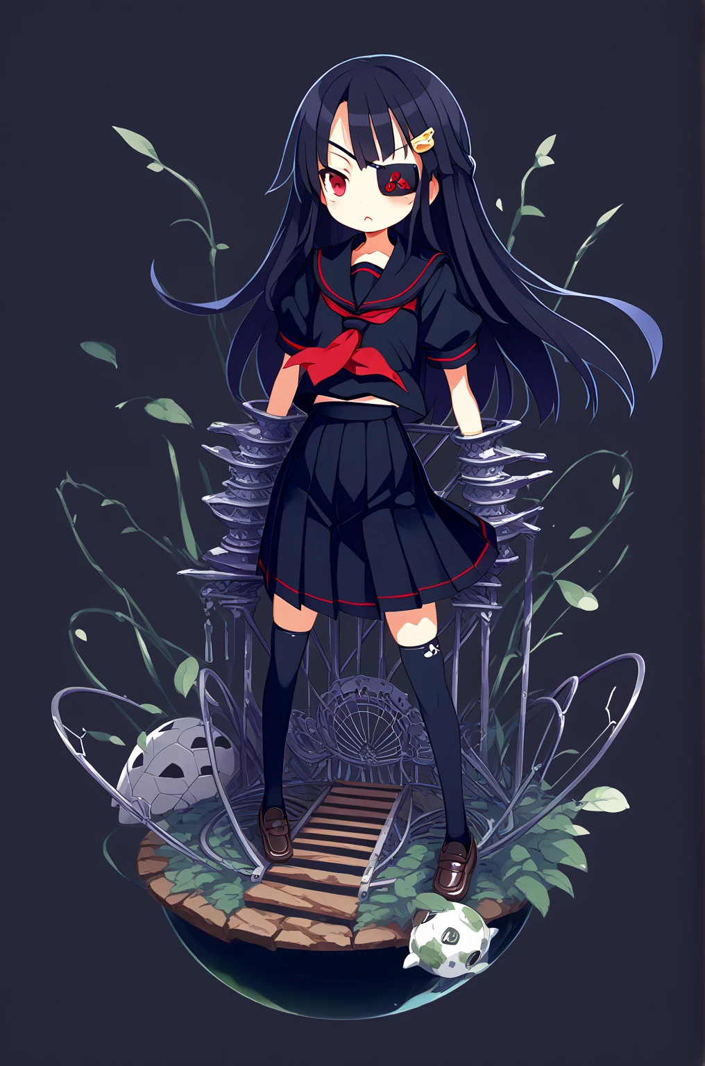 anime artwork, score_9, score_8_up, score_7_up, score_6_up, score_5_up, score_4_up, source_anime, BREAK, thick outline, sphere background, lineart
Mirai_XL, long black hair, eyepatch, red eye, small breasts, BREAK, Mirai_Shinobi, black sailor collar, cat hair clip, black tie, black serafuku, black shirt, black pleated skirt, short sleeves, black legwear, brown loafers