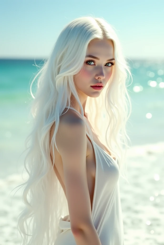 naked, flat breasts, Flat butt, Long hair, White hair