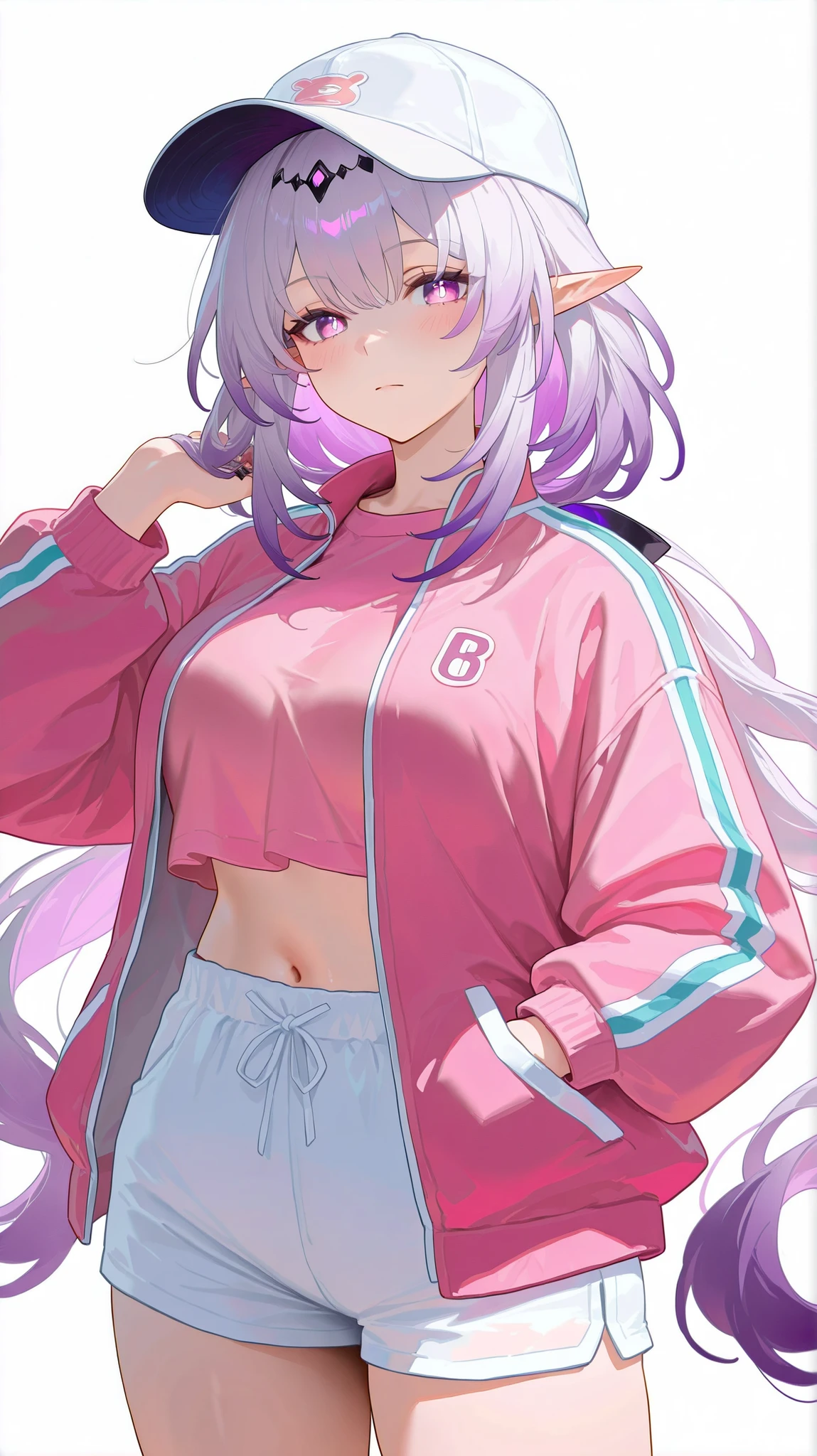 masterpiece, top quality, best quality, official art, beautiful and aesthetic:1.2),(8k, best quality, masterpiece:1.2), (((masterpiece))),(((best quality))),(((extremely detailed))), illustration, who, (masterpiece, top quality, best quality, official art, beautiful and aesthetic:1.2),(8k, best quality, masterpiece:1.2), castorice_(honkai:_star_rail), 1girl, solo, shorts, long hair, crop top, white shorts, hat, jacket, white headdress, navel, exposed clothes, shirt, belly, baseball cap, open jacket, long sleeves, pink jacket, pupils, looking at viewer, pink shirt, very long hair, white background, simple background, shorts, cowboy shot, belly, crop top overhang, hands in pockets, thighs, hands up, alternative costume, closed mouth, medium breasts, rings, sports jacket, standing, blush