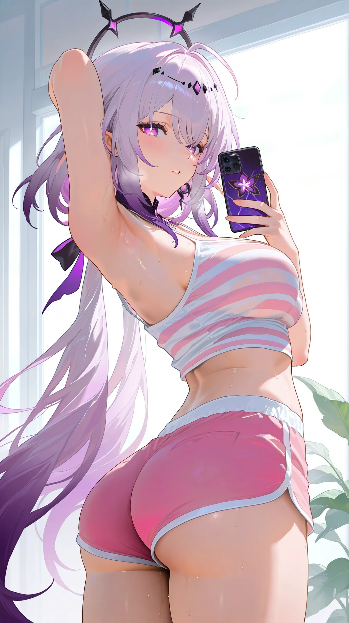 masterpiece, top quality, best quality, official art, beautiful and aesthetic:1.2),(8k, best quality, masterpiece:1.2), (((masterpiece))),(((best quality))),(((extremely detailed))), illustration, who, (masterpiece, top quality, best quality, official art, beautiful and aesthetic:1.2),(8k, best quality, masterpiece:1.2), castorice_(honkai:_star_rail), 1girl, , solo, armpits, phone, shorts, long hair, holding, ass, holding phone, ahoge, looking at viewer, thighs, sweat, crop top, rouge, alternative costume, cellphone, arms up, shorts, dolphin shorts, showing armpits, looking back, very long hair, arms behind head, buttocks, smartphone, hair between eyes, from behind, cowboy shot, medium breasts, striped shirt, litter, plant, shorts striped, camisole, pink shirt, bent torso, bare shoulders, white background
