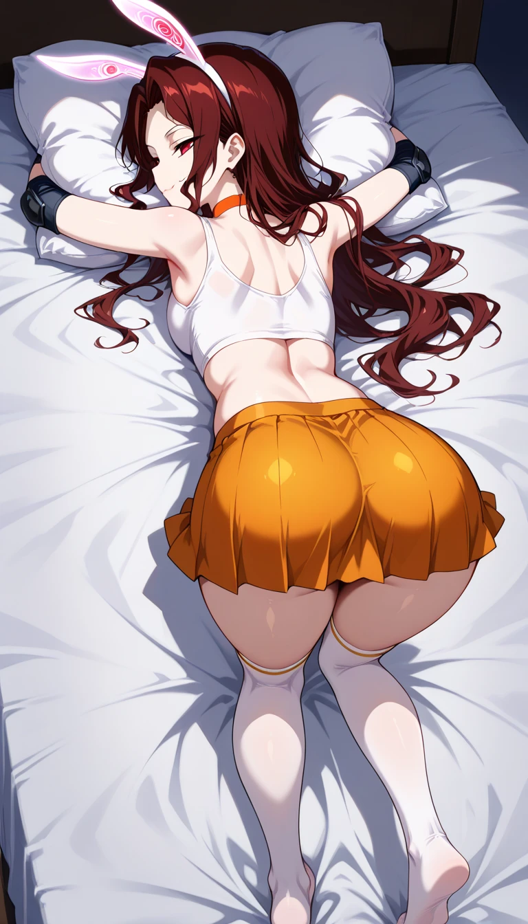 One girl, Yoko Littner, tanned, yellow top, pink panties, ass, lying on the bed, sexy pose, glasses, sweating, lips, sweating, blushed