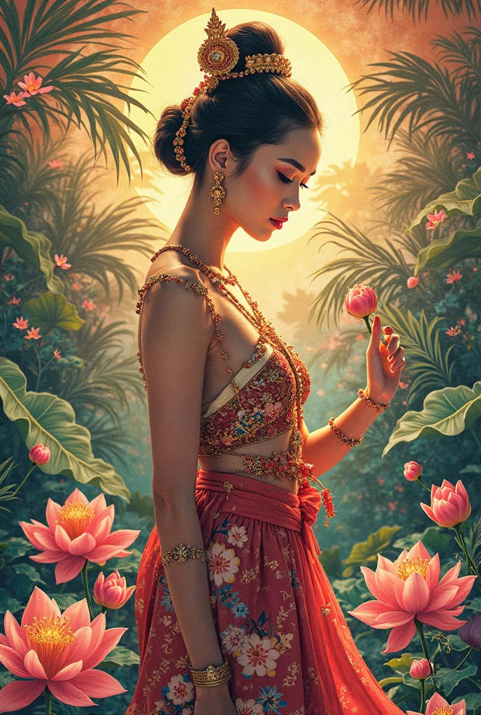 Indian beautyful girl in shari near the pond in garden ,a pecock behind her ,red rose in left hand