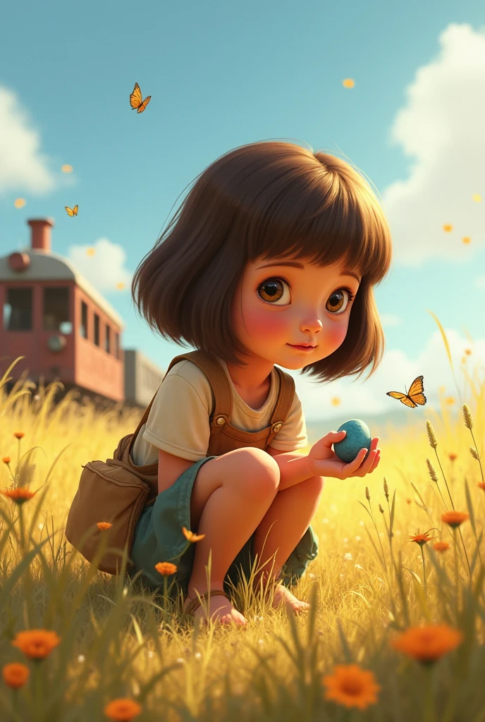 Detail, realism, 4k, 5-year-old girl, dark red hair, yellow eyes, dressed and 5-year-old boy, ashen hair, green eyes, in overalls, playing on large tubers, flowers in the background, white butterflies in the foreground and background, realistic shooting, depth of field, soft forelight, glow, HDR (muted colors: 1.2), Canon RF 100mm F2.8L Macro IS USM