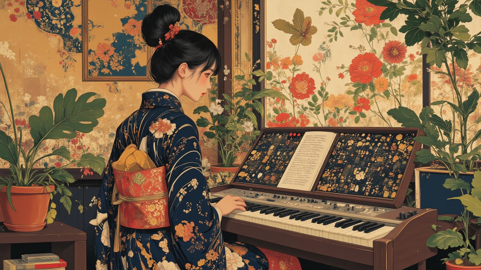 テーマはambient music,畳の和室に伝統的な花柄の着物を着た女性とモジュラーsynthサイザー, with concentrated expressions, 精巧なモジュラーsynthサイザーの前に座っています,Woman in kimono in back view,in calm tone background、A mysterious worldview with a unique blend of traditional kimono attire and modern electronic devices, "off Kanagawa"adorns the wall, soft, ambient light from shoji,Tranquil Atmosphere,ambient music,potted plants and natural atmosphere,The composition is in harmony and balance down to the details,Ukiyo-e framed artwork accents, woman sitting in front of a keyboard,synth feel, Japanese painting style, Chill Hop, synth vibe, synth,  electronic music , 