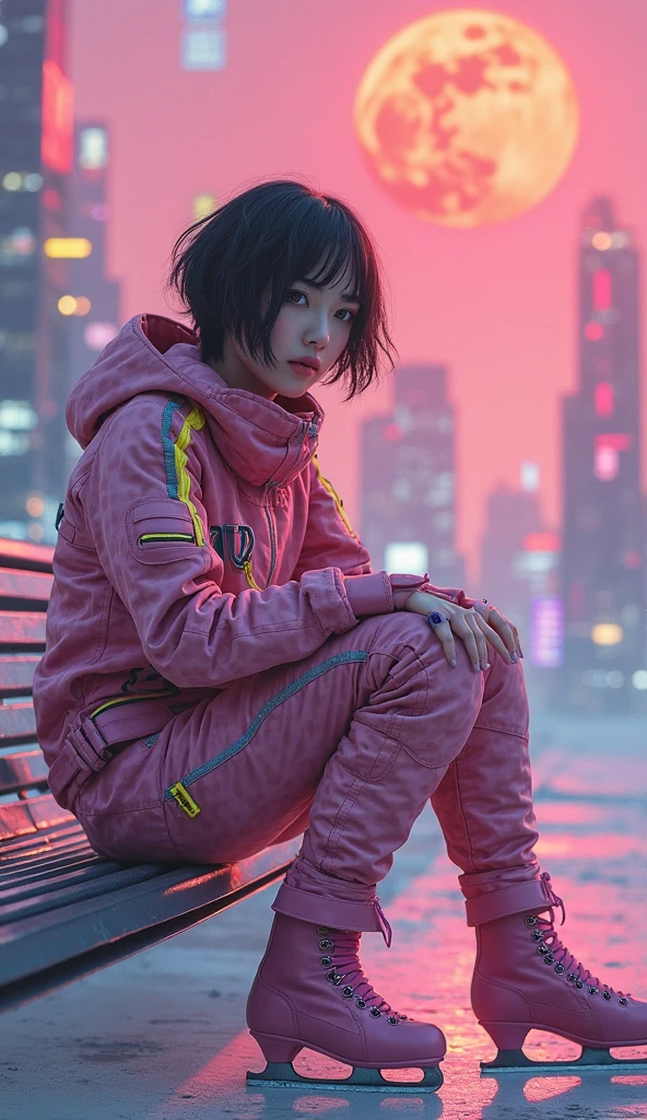 (masterpiece, best quality, beauty, best ratio, best shadows,best Illustration, wallpaper size,1080×2400 pixels,detailed face,pastel colors, futuristic theme) 
uhd, korean beautiful female, full posture fully visible, shining blue eyes, windblown short hair, wear dominant pink camo colour and yellow strip full  armory leather, pink high heel ice skates, hand holding futuristic neon rifle emits gold energy, sitting on a bench in front of a futuristic city with many colorfull glass houses. outer space, big neon billboard, big red  moon seen on far away. use the RenderMan renderer.digital art.High definition, high contrast, high color saturation ,128k,cinematic lighting, intricate,cinematic advertising photograph,cinema lens,high res.