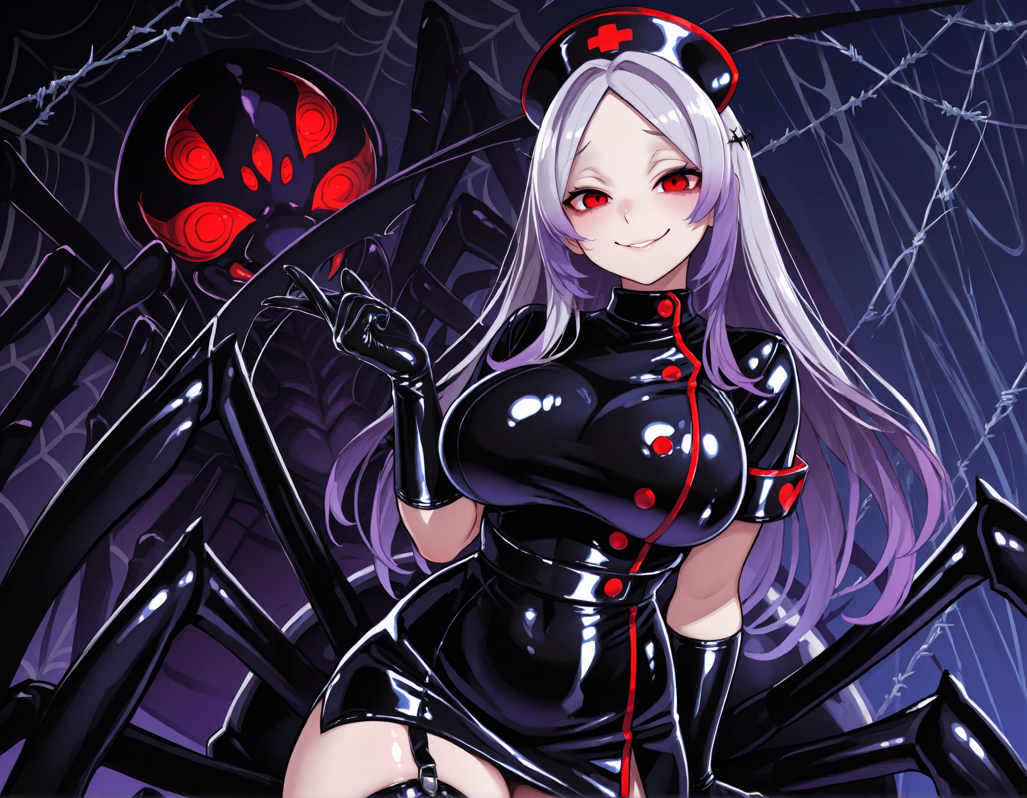 Arachne Girl. Lavender color hair. Medium length hair. Parted bangs. Sharp gaze. Red eyes. Multiple eyes. Yandere smile. Black latex nurse costume. Glossy. Curvy waist. Firm breasts. Large breasts. Gloves. Red spot widow. Spider. Barbed wire.
