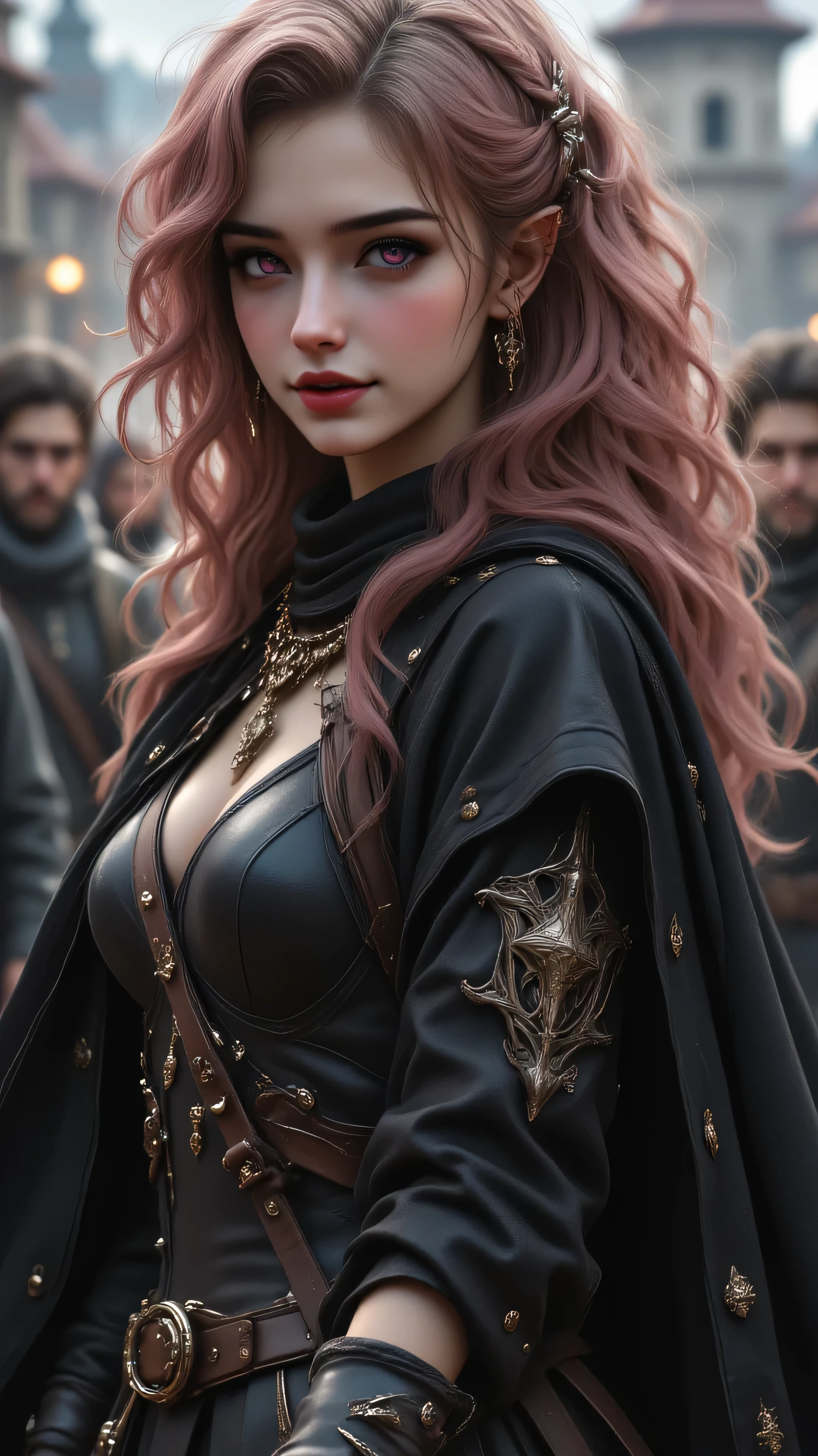 full body,dynamic pose,Elf girl with curly rose gold hair、violet-colored eyes、pointed ears、Bright Eyes That Came Up,BIOLOGICALLY CORRECT、smile、medieval leather armor、black cloak,does not reveal skin,fine skin texture、long hair、Light、reflection、beautiful legs , great detail of body and face in a 官能的な and erotic pose. detailed depiction of background and environment, red lips, Long loose hair, hold a bow, dark hair color,tower in a rural town in the background,Bird's-eye view,Lean out from the,illustration, Color Difference,