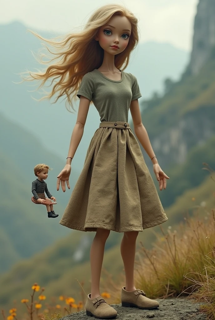 a pretty woman, 36 years old, pink hair, pretty face, Green Shirt, black tights , black riding boots, giantess, steps on a tiny boy, FULL BODY shot