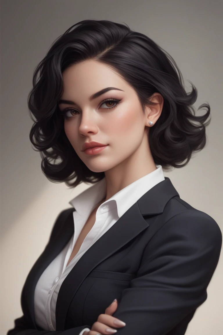 Semi-realistic image of a girl.22 years old with long black hair and dark brown eyes.Has a firm and cold facial structure.Having strong Indonesian and Dutch genes and combining them with each other.Has a strong mafia vibe.Wearing a black suit and black shirt.Have a fit, fresh body ,and healthy.Has an aura of authority, dominance and manipulative.Seems heartless and cruel. Has a sharp gaze.

Posing casually with his arms crossed.