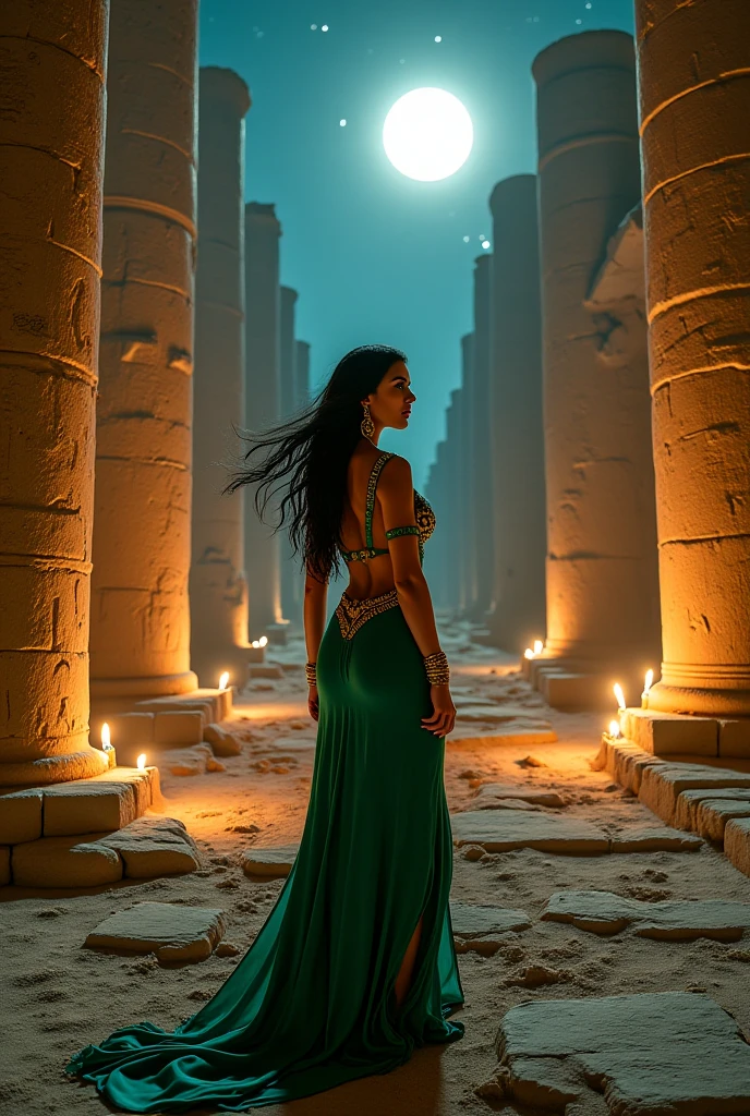 A wide-angle cinematic shot of a crumbling ancient Babylonian temple under moonlight, overgrown with vines and half-buried in sand. Massive cracked stone pillars engraved with serpent symbols. A voluptuous Babylonian woman in a glowing emerald silk dress stands confidently at the steps, silhouette lit from behind. Her hair flows in the wind, dress hugging her curvy figure. Moody HDR lighting, starry night sky above, fantasy film quality.
Style: Ultra-realistic, cinematic fantasy Babylonian

Character base: A beautiful ancient Babylonian woman with a voluptuous hourglass figure, deep bronze skin, long flowing black wavy hair, full lips, golden jewelry, glowing eyes

Outfit: Tight emerald green silk gown with gold serpent patterns, deep V neckline with visible cleavage, high side slit revealing leg, backless, accessorized with golden snake armbands and earrings

Lighting: Cinematic HDR lighting with soft moonlight, warm golden glow from torches or symbols, dramatic shadows

Camera style: Shot in 8K, depth of field, bokeh background where needed, wide-angle for landscapes, portrait focus for character frames

Setting: Ruined ancient Babylonian temple interior at night, glowing ancient carvings, serpent motifs, mystical atmosphere