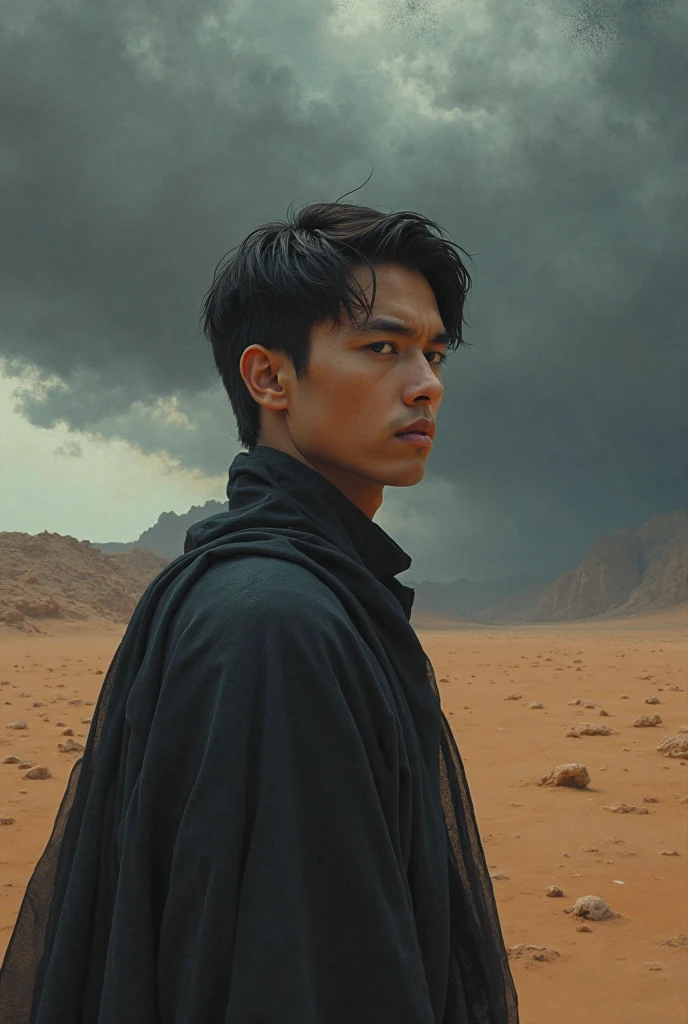 :A mysterious young man stands in the middle of a vast desert under a dark and stormy sky, cinematic atmosphere, The face is exactly the real person without any modification, No changes to the face