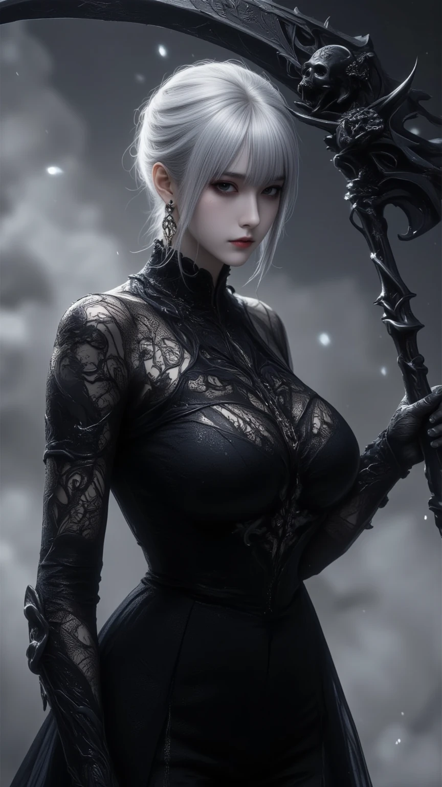 ((tall, beautiful and gorgeous female grim reaper)), ((very pale skin)) ((very dark eyeshafows make up)) ((red lips)) ((inntense deep blue eyes)) ((long straight white hair)) ((big breast:1.5)) ((skinny body:1.3)) ((wear black long robe hoddie, hoddie hide face, hood hide face)) ((hold giant scythe on hand)) ((standing on cementary at night)) ((feep mist all arounf)) ((high definition:1.5), ((masterpiece:1.5))((8k:1.5)) ((Best quality:1.4)), more_details:-1, more_details:0, more_details:0.5, more_details:1, more_details:1.5