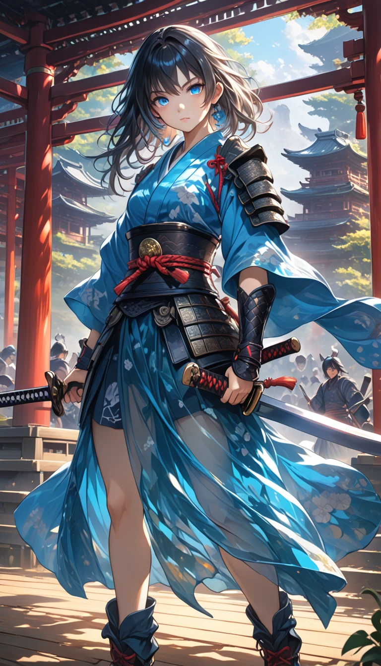  cute young woman,warrior, reflective transparent opaque see-through sarong, Samurai armor, Sword scar on left eye:1.8,battle pose:1.8, intricでe detail, cinemでic lighting, great quality, amazing shadows, detailed Illustrでion, Official Artwork, wallpaper, Official Art, highly detailed eyes and face spreading your hands to the side, beautiful detailed eyes, blue eyes,  gaze focus, ((masterpiece, top quality)), 

