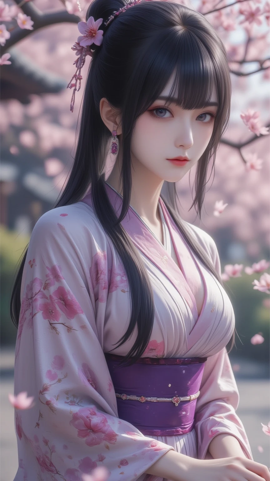 ((masterpiece)), ((best quality)), ((photorealistic)), (high resolution), (8K, 4K), RAW photo, DSLR photo, ultra-detailed, cinematic lighting, bokeh. realistic female, perfect face, natural body proportions, realistic skin texture, detailed eyes, catchlight, realistic fabric, clothing folds, soft shadows, ambient light, HDR, lens flare, low angle, close-up, depth of field, soft lighting, film grain, Anime style young woman, Asian, , wearing traditional Japanese kimono, light purple and white with vibrant pink floral patterns. Elegant, detailed kimono with a rich purple obi (sash) and pink accents. Long black hair in a bun with flower ornament, softly cascading down her back. Large, expressive, light purple eyes with a gentle, serene expression. Delicate features, soft blush on cheeks. Seated pose, hands gently clasped in her lap. The background features a beautiful cherry blossom tree in full bloom, soft pink and light purple hues, creating a serene and romantic atmosphere. Traditional Japanese-style wooden structure with visible roof details. Natural lighting, soft shadows, highlighting the delicate details of the kimono and her hair. Soft focus, detailed rendering of fabrics and flowers. Quiet, peaceful, romantic aesthetic. Art style is anime-inspired, featuring smooth lines, saturated colors and soft lighting. Full body shot, medium close-up perspective.
