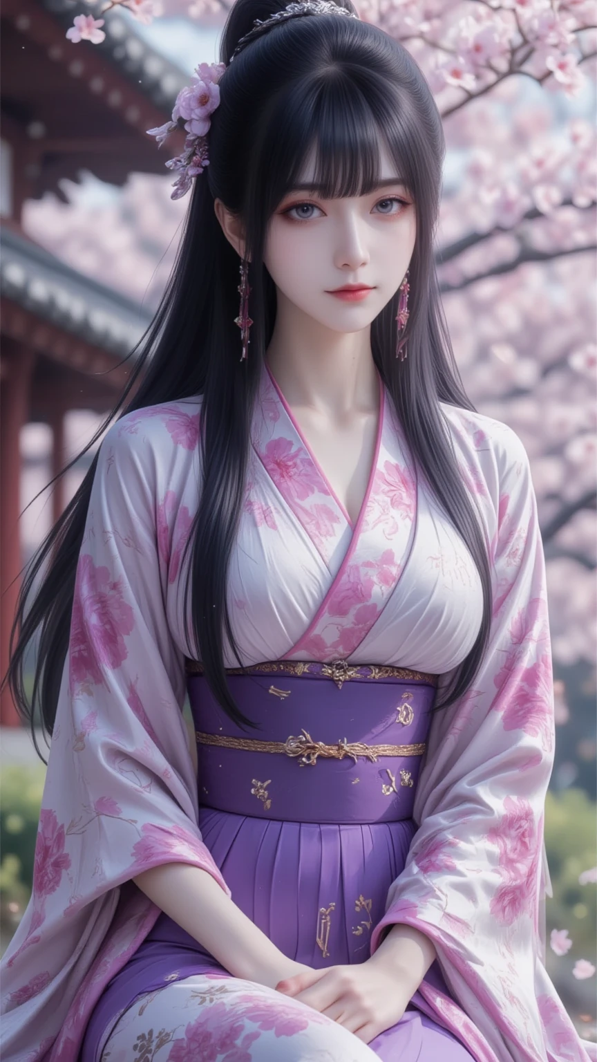 ((masterpiece)), ((best quality)), ((photorealistic)), (high resolution), (8K, 4K), RAW photo, DSLR photo, ultra-detailed, cinematic lighting, bokeh. realistic female, perfect face, natural body proportions, realistic skin texture, detailed eyes, catchlight, realistic fabric, clothing folds, soft shadows, ambient light, HDR, lens flare, low angle, close-up, depth of field, soft lighting, film grain, Anime style young woman, Asian, , wearing traditional Japanese kimono, light purple and white with vibrant pink floral patterns. Elegant, detailed kimono with a rich purple obi (sash) and pink accents. Long black hair in a bun with flower ornament, softly cascading down her back. Large, expressive, light purple eyes with a gentle, serene expression. Delicate features, soft blush on cheeks. Seated pose, hands gently clasped in her lap. The background features a beautiful cherry blossom tree in full bloom, soft pink and light purple hues, creating a serene and romantic atmosphere. Traditional Japanese-style wooden structure with visible roof details. Natural lighting, soft shadows, highlighting the delicate details of the kimono and her hair. Soft focus, detailed rendering of fabrics and flowers. Quiet, peaceful, romantic aesthetic. Art style is anime-inspired, featuring smooth lines, saturated colors and soft lighting. Full body shot, medium close-up perspective.
