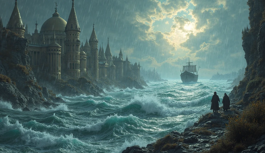 An ancient city being destroyed by a great flood, with giants trying to escape as they are swept away by the waters. Noah and his family are seen safely in the distance on the ark, with the skies opening and torrential rains pouring down with force.
