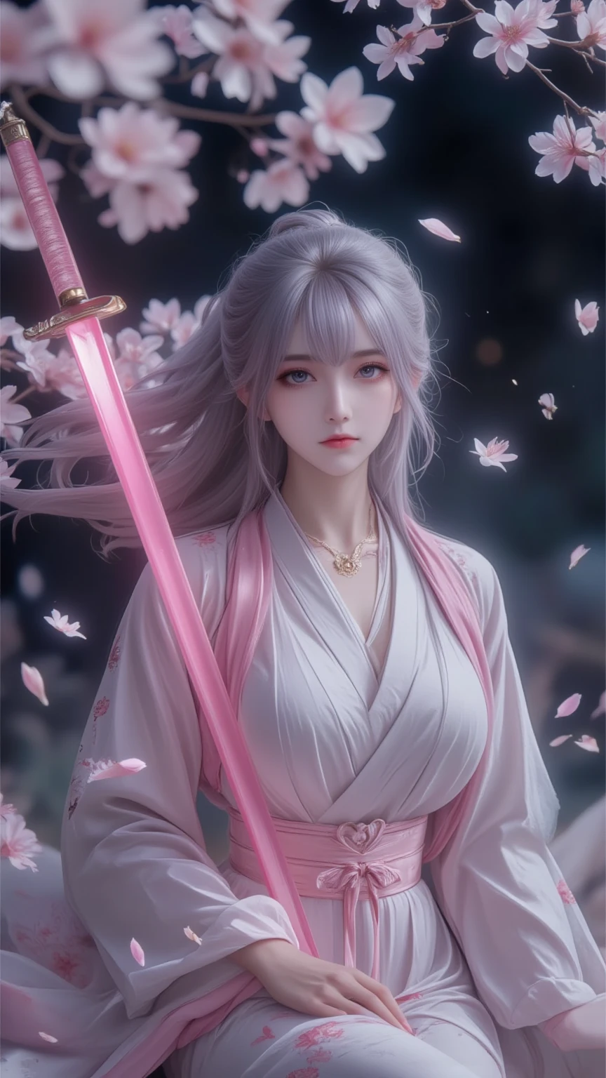 Ws,Snow, Flying Petals Under The Air,A girl fighting with a sword, she holds the sword to cover one eye, the other eye is looking at the opponent Hard Light, cinematic Light, A 16-Year-Old japaness Beautiful Girl In hanfu,girl Sword fighting Martial Arts Style, Chinese Fairy Tale, The Background Is Colorful Light Spots, Highly Detailed, Dynamic, Cinematic, Stunning, Realistic Lighting And Shading, Dramatic Light, Vivid Vibrant 8k,35mm Lens, Photorealistic, Kodak Portra