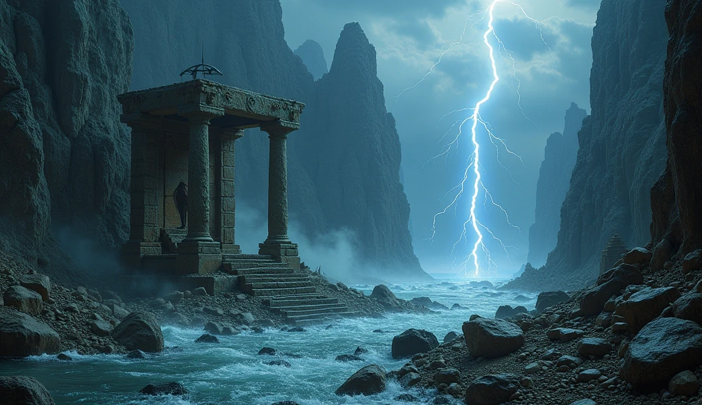 An ancient altar being destroyed by water, where rituals forbidden by fallen angels were previously performed. Fragments of idols are carried away by the current. Acima, lightning cuts through the sky as if God himself were judging the corrupted creation.