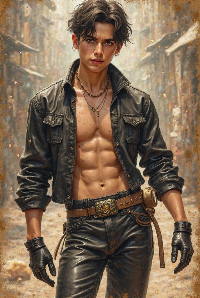 parameters: topless male, solo, (young), Indonesian guy, semi-realistic illustration of a lumberjack, dark skin, sweat, beard, body hair, small waist, broad shoulders, chisled jawline, asthetic muscular physique, open compression shirt, open jeans, black flannel shirt, huge crotch bulge, masculine, inside stable's, masterpiece, best quality, high-res, medium full-body shot, looking at viewer, by chunie and Taran Fiddler, naked, cowboy, full-quarter body shot,