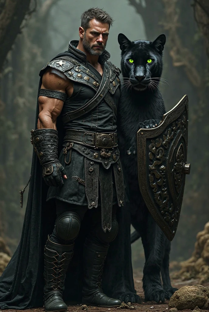 Game character standing drawing design,gnoll,cunning,With a knife,Fighting posture,(full bodyesbian:1.4),solid color backdrop,clean backdrop,depth of fields,high light,Real light,Ray traching,OC renderer,UE5 renderer,Hyper-realistic,best qualtiy,8K,Works of masters,super-fine,Detailed pubic hair,Correct anatomy,a panther warrior with black and brown leather armor and crystal daggers in his hands and a piercing gaze with brilliant violet eyes