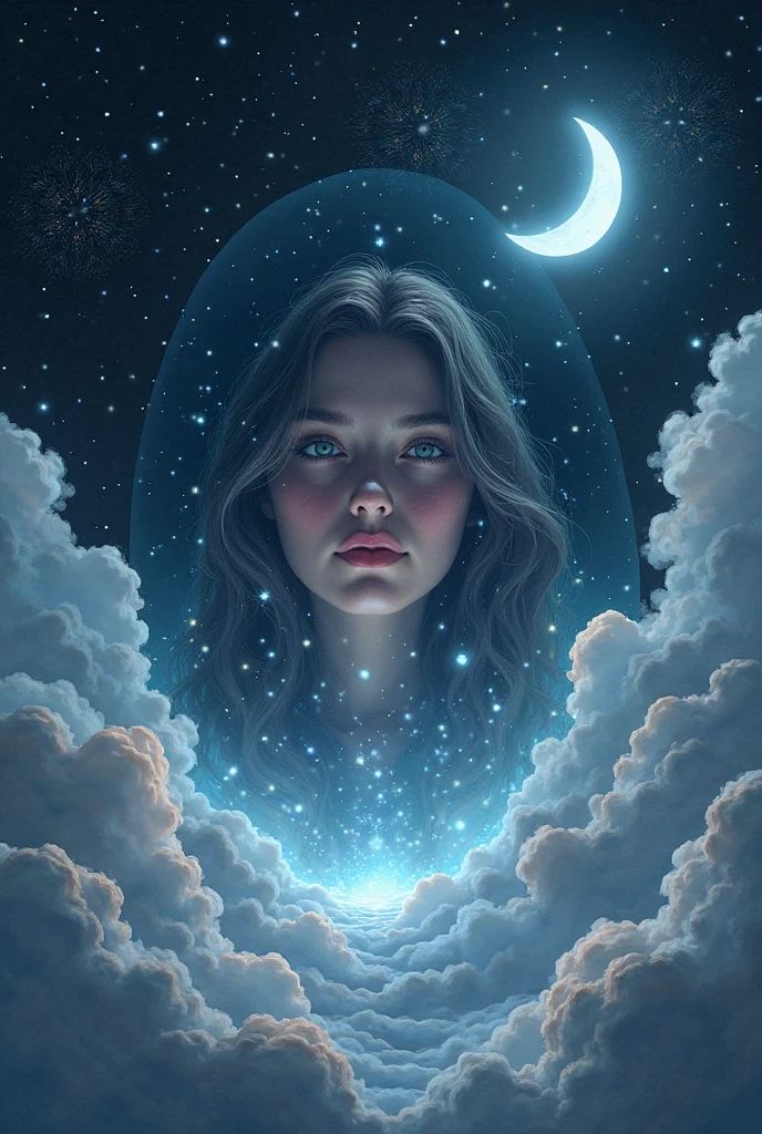 Créer une image pour mon journal intime de rêves lucides, style onirique avec des étoiles, un miroir comme une porte, des nuages et la lune à droite de l'image.