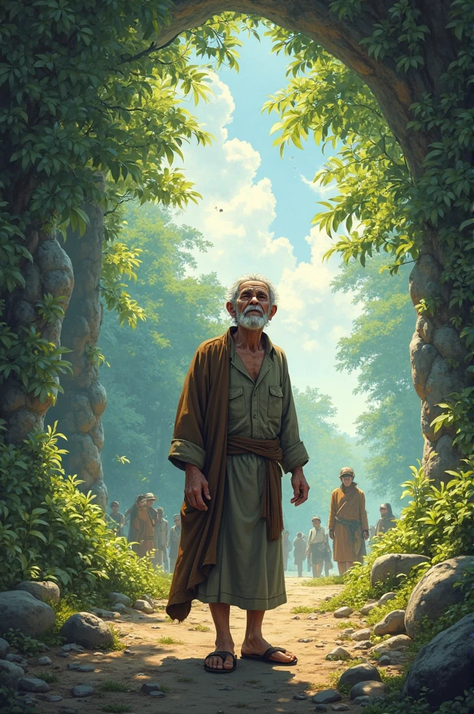 The former prisoner outside the cave, dazzled by the sun, trees and people an old man