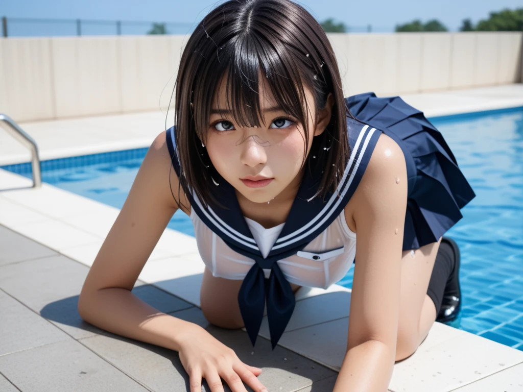 (masterpiece:1.2), Very detailed, Ultra-high resolution, (Realistic, photo Realistic:1.6), High-resolution RAW color photos, Professional photos, Sharp focus:1.2, (Very detailed顔と肌の質感, Very beautiful eyes, Glossのある肌, Glowing Skin, Glowing Skin, Shining Face, Gloss, Oily skin, greasy face, Oily skin, greasy face,),, (real Glossのある肌 texture), Perfect Anatomy, Very detailed背景,(Pool at night),1 female,25-year-old woman, Japanese women,Height: 168cm,(short hair, Straight hair, bangs, Brown Hair),((Flat Chest:1.6)),(Slender legs), ((((White short-sleeved sailor suit、Navy blue pleated skirt:1.5、Perfectly detailed sexy thong panties under skirt))),(Sit with your knees up:1.4)、(((Wet and sheer sailor suit:1.4))),Invite to sex