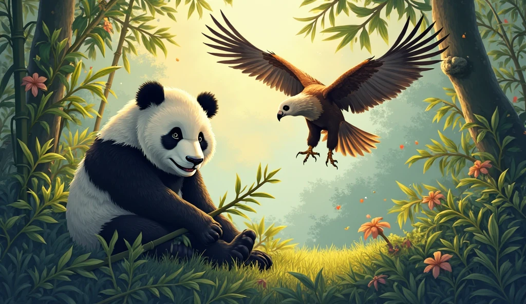 Here’s a **simple, non-hybrid** prompt for a **panda and eagle** in a **jungle setting**:

**Prompt:**
> In the heart of a vibrant jungle, a serene and striking scene unfolds. A large, fluffy panda sits calmly amidst the dense greenery, its black-and-white fur contrasting beautifully with the lush foliage surrounding it. The panda’s gentle eyes are focused on its surroundings, occasionally nibbling on bamboo shoots, its movements slow and peaceful. Above, a majestic eagle soars through the sky, its broad wings spread wide as it glides gracefully over the treetops. The eagle’s feathers are sharp and rich in detail, with shades of brown and gold, its keen eyes scanning the jungle below. The sun filters through the thick canopy, casting a warm, golden glow on the scene. The jungle around them is teeming with life, from vibrant flowers to the sounds of distant wildlife, creating a harmonious moment of coexistence between the grounded panda and the soaring eagle.

Would you like to add any atmospheric effects like beams of light, mist, or other wildlife in the scene to enhance the setting?