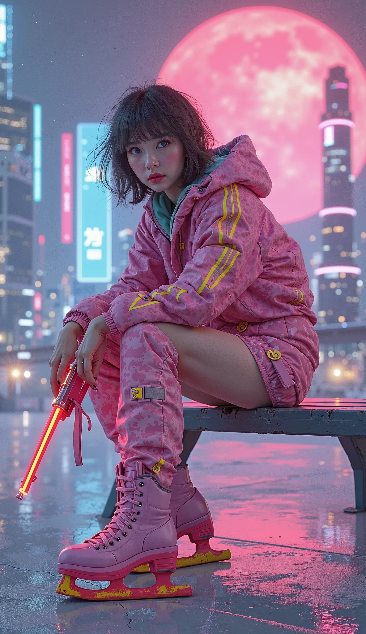 (masterpiece, best quality, beauty, best ratio, best shadows,best Illustration, wallpaper size,1080×2400 pixels,detailed face,pastel colors, futuristic theme) 
uhd, korean beautiful female, full posture fully visible, shining blue eyes, windblown short hair, wear dominant pink camo colour and yellow strip full  armory leather, pink high heel ice skates, hand holding futuristic neon rifle emits gold energy, sitting on a bench in front of a futuristic city with many colorfull glass houses. outer space, big neon billboard, big red  moon seen on far away. use the RenderMan renderer.digital art.High definition, high contrast, high color saturation ,128k,cinematic lighting, intricate,cinematic advertising photograph,cinema lens,high res.