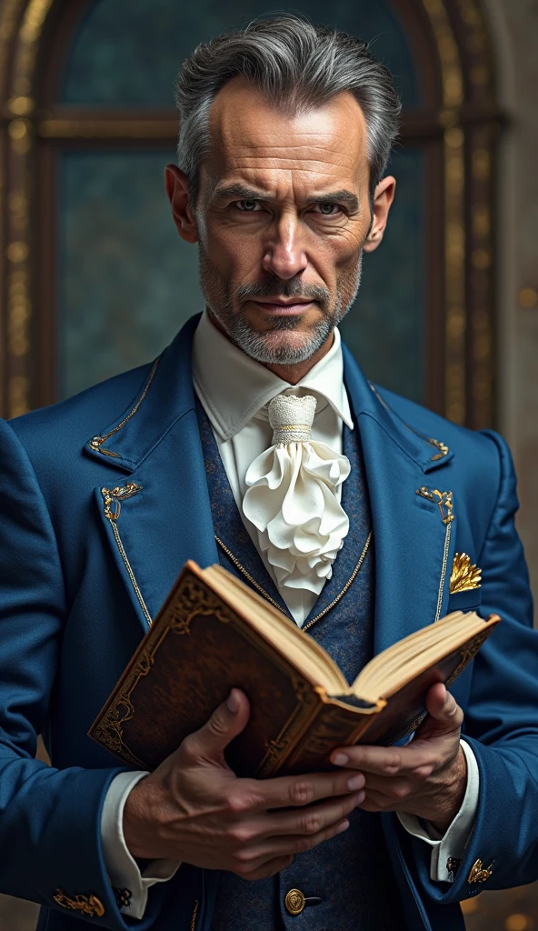 Make a gentleman in blue dress with gold details, with a thick book in his hands, looking at me as if you had told me a story
