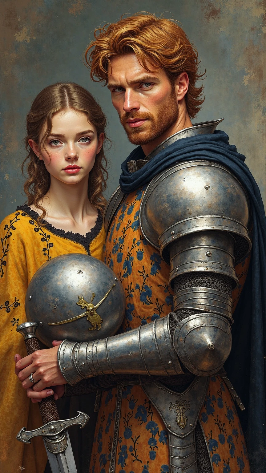 A realistic medieval fantasy portrait of Ser Theo Bolling, a knight of minor but proud heritage. Theo is in his early thirties, clean-shaven with sharp, foxlike features and a confident, knowing gaze. His auburn hair curls neatly at the edges of his helm, and his armor is polished but well-worn from real use, not just pageantry.

Draped over his shoulders is a surcoat patterned in a repeating design of small, rounded, bell-shaped tiles one orange, one blue, over and over again, covering the whole field. His shield is a yellow stag on black field with an orange bend sinister. He holds his helm under one arm and rests his other hand on the pommel of a longsword, relaxed but ever ready.

In the background his beautiful wife in yellow and black dressed embroidered with white cups and black roses. She wears a ring.

The colors are natural and muted, with earthy tones and subtle highlights reflecting the sunlight. The thick ink lines and detailed shading evoke the classic style of medieval comic adaptations.