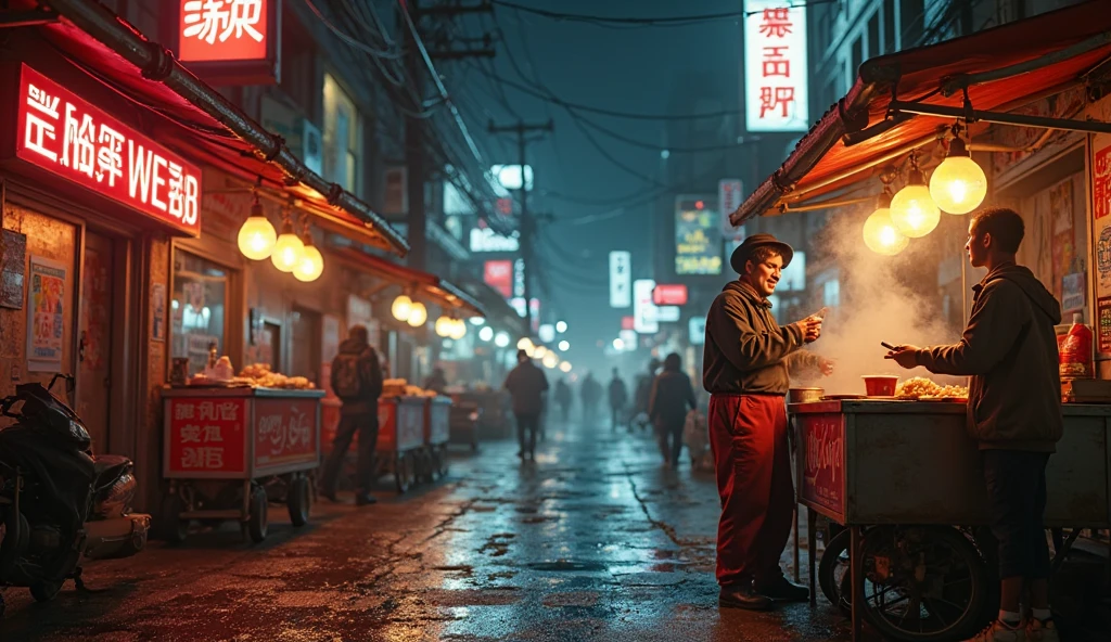 Prompt:
A soulful urban street at night with glowing neon signs and food stalls, steam rising from carts, a young street vendor with a warm smile and tired eyes serving food, cinematic lighting, reflections on wet pavement, dramatic shadows, high detail, emotional tone, movie-poster style layout, wide space on left side for text, warm color tones, deep focus, realistic art style. Add bold cinematic text on the left: “Vendors of the Streets” and below it in smaller letters: “A Soulful Urban Song