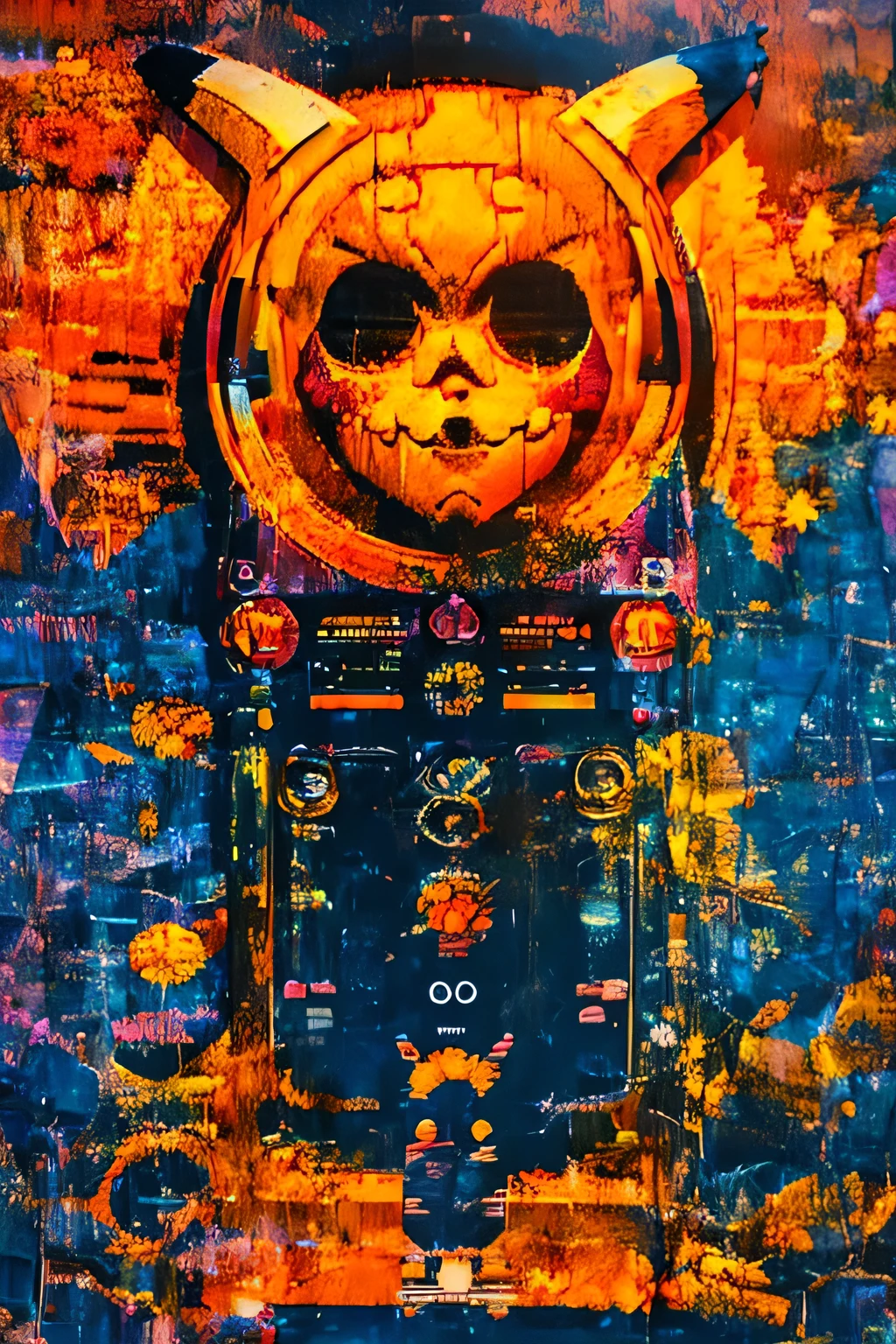 OrangeScale : pikachu GlitchArt : abstract, vibrant, animated : solitary melancholic atmosphere --v 5 --stylize 1000